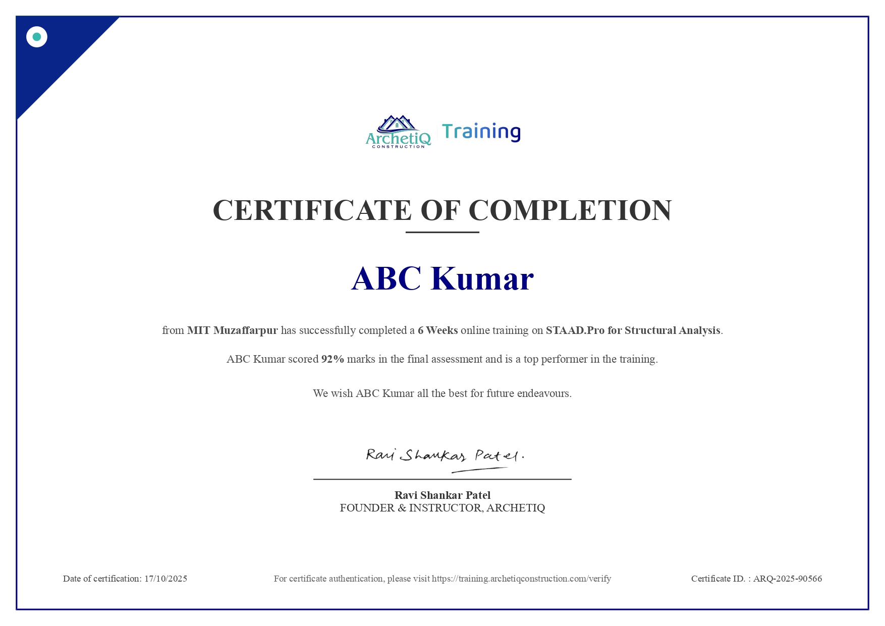 Sample Training Certificate